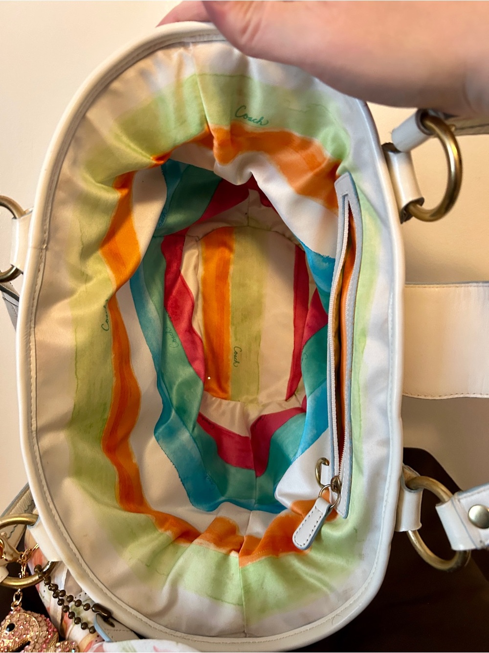 Coach Y2K wicker tote, with white trim and aqua blue stitch-ing. Purse Charm - Picture 9 of 10